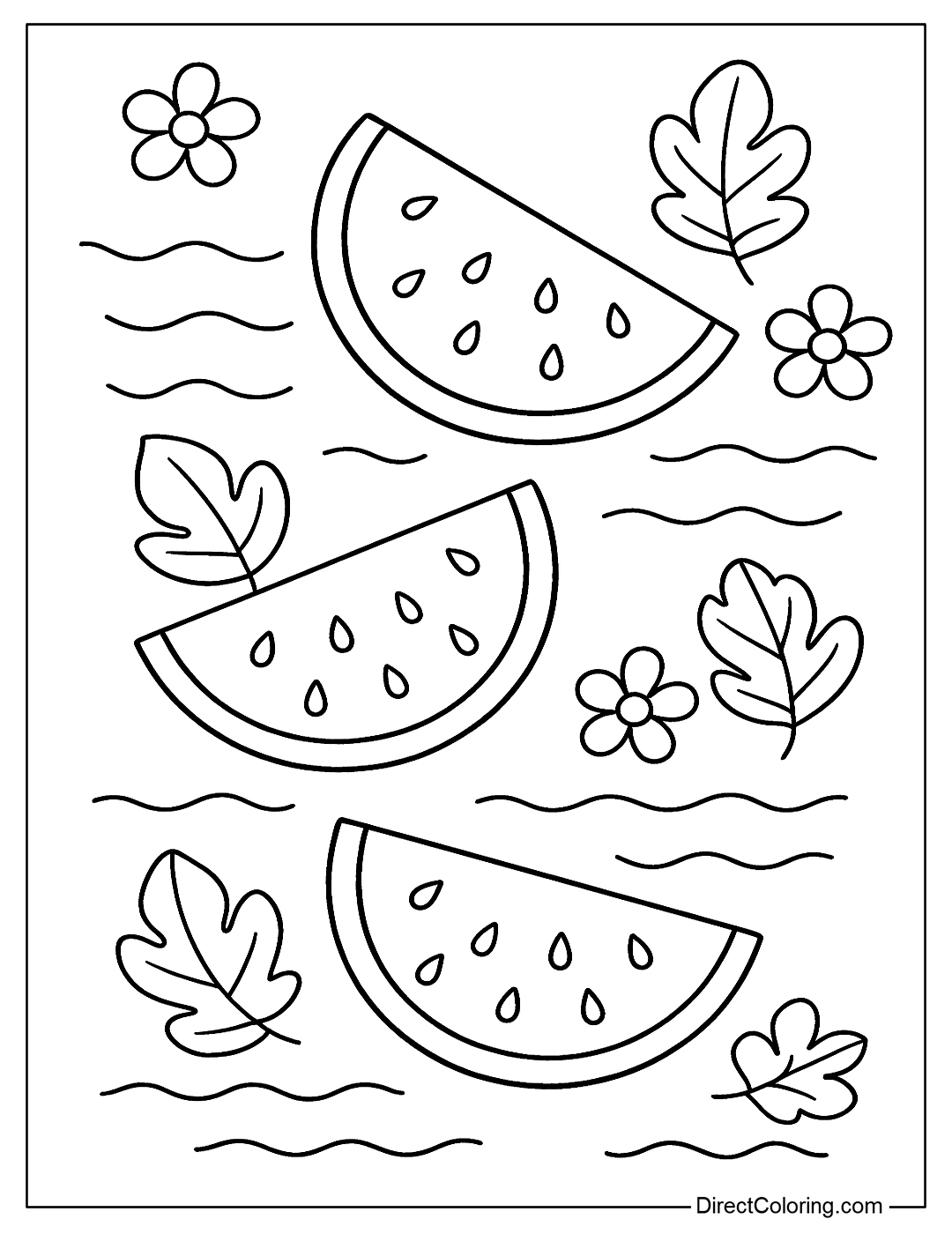 A watermelon slice coloring page floating on water with flowers and leaves